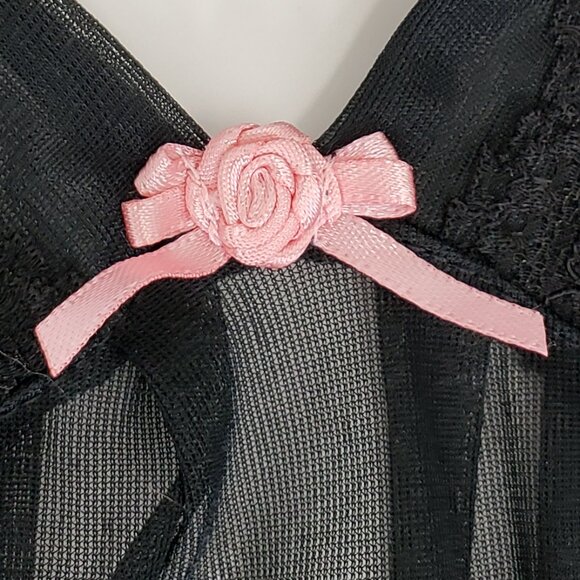 Vintage Betsey Johnson Intimates Babydoll Negligee Size S Black Sheer Pink Bows - Picture 5 of 10